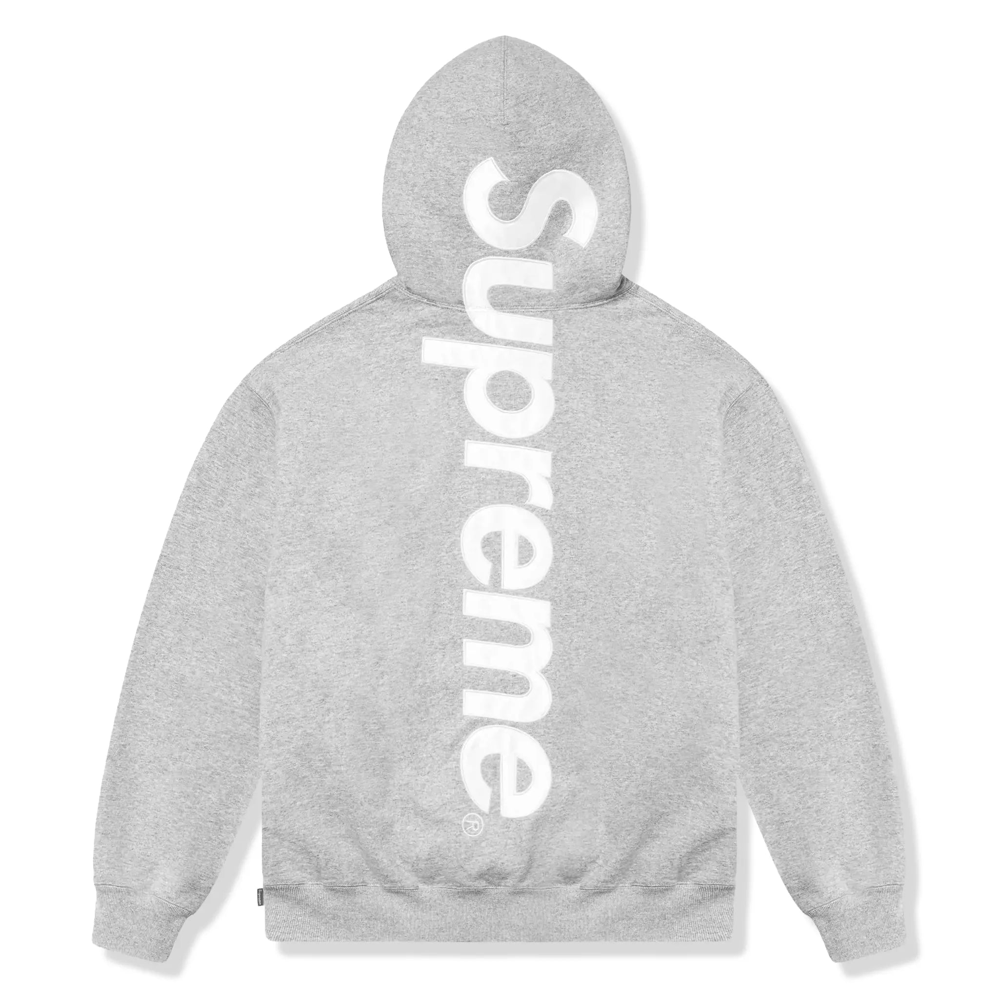 Back View of Supreme Satin Appliqué Heather Grey Hoodie & Sweatpants (FW25) FW25SW77-HEATHER GREY | FW25P93- HEATHER GREY